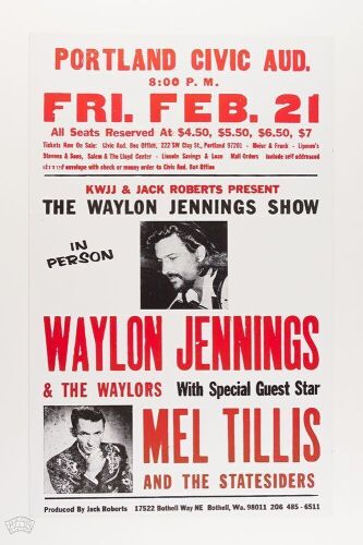 1975 Waylon Jennings Portland Civic Auditorium Hatch Cardboard Poster Mint 93