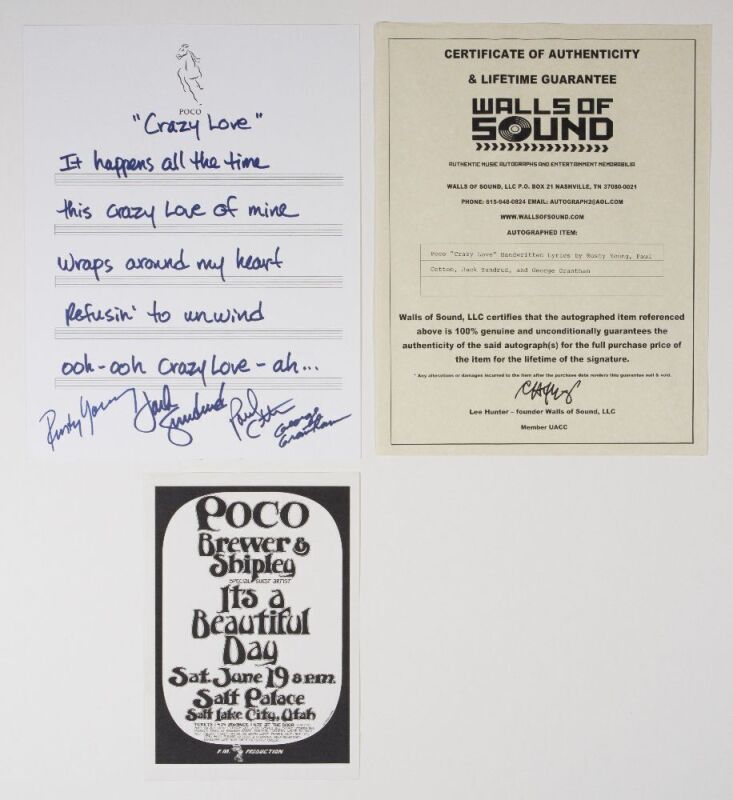 Poco Handbill & Crazy Love Handwritten Lyrics Signed by 4 Band Members WITH COA Excellent 79