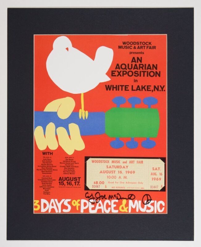 Woodstock Festival Commemorative w/ Original Ticket Signed Country Joe Poster Near Mint 89 MATTED