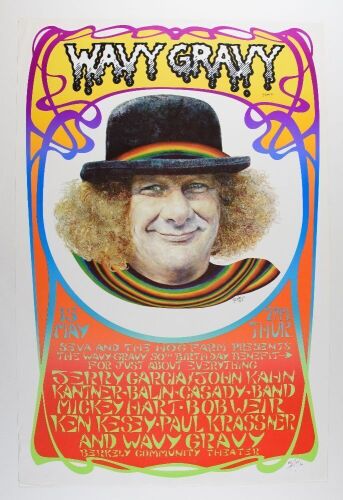 1986 Jerry Garcia Berkeley Wavy Gravy 50th Birthday Signed Mouse & Wavy Gravy Poster Excellent 73