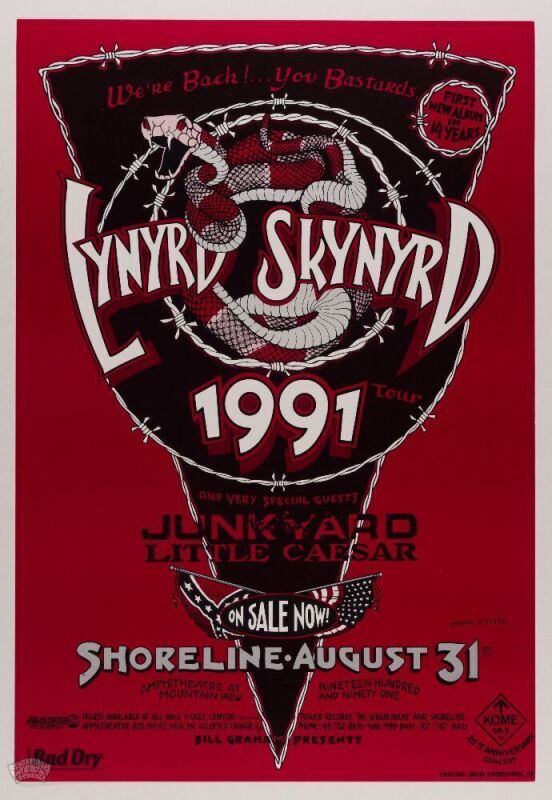 1991 Lynyrd Skynyrd Shoreline Amphitheater Poster Mint 91