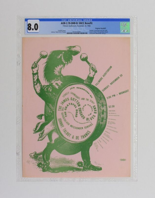 1966 AOR-2.70 Grateful Dead SNCC Benefit Fillmore Auditorium Variant Handbill CGC 8.0