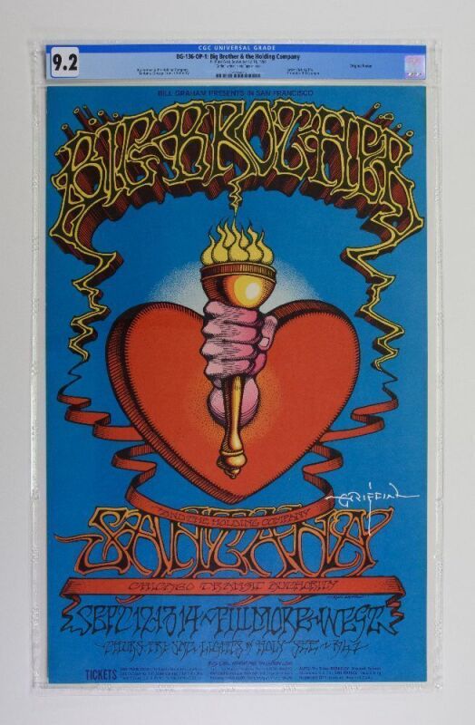 1968 BG-136 Big Brother Janis Joplin Santana Fillmore West Signed Griffin Poster CGC 9.2