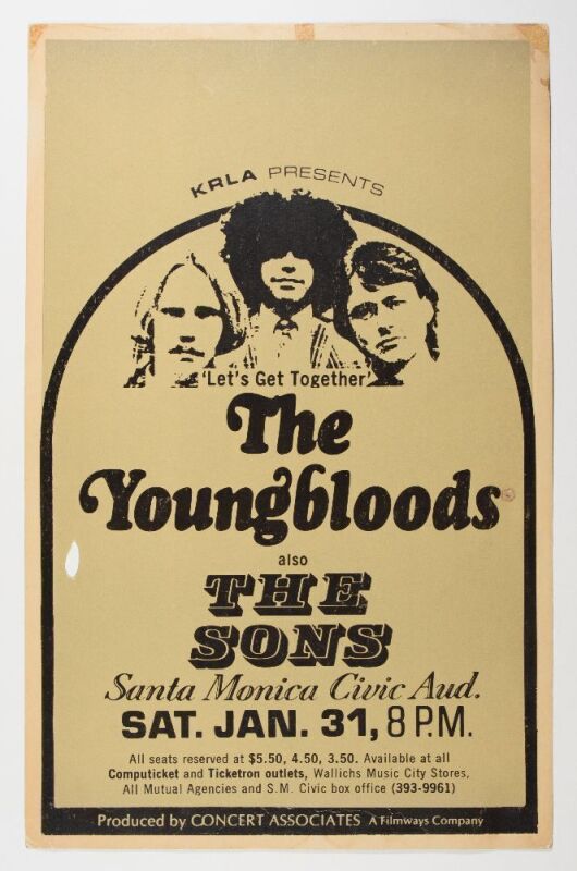 1970 The Youngbloods Santa Monica Civic Auditorium Cardboard Poster Extra Fine 69