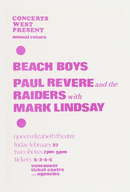 1970 Beach Boys Paul Revere & The Raiders Queen Elizabeth Theatre Vancouver Handbill Excellent 77
