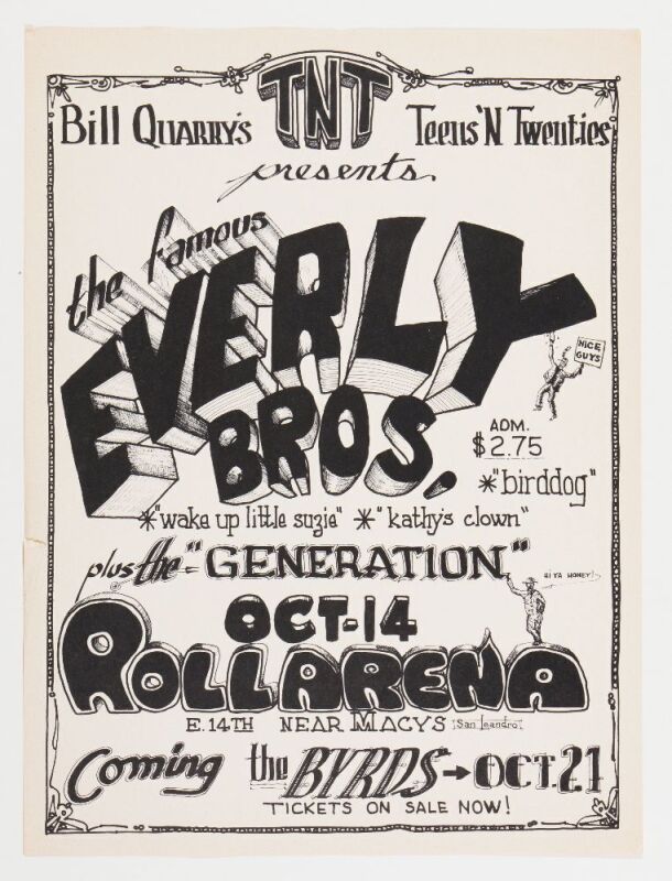 1966 The Everly Brothers The Byrds Roll Arena San Leandro Handbill Extra Fine 69