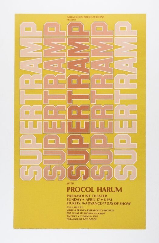 1977 Supertramp Procol Harum The Paramount Theater Cardboard Poster Near Mint 87