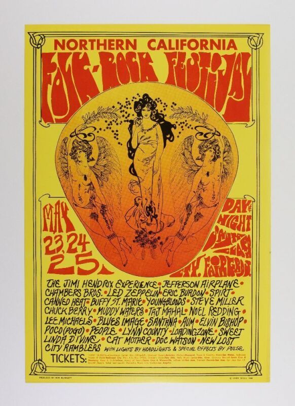 1969 Jimi Hendrix Jefferson Airplane Chuck Berry Northern California Folk Rock Festival Poster Excellent 77