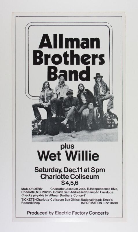 1971 Allman Brothers Band Wet Willie Charlotte Coliseum Cardboard Poster Excellent 77