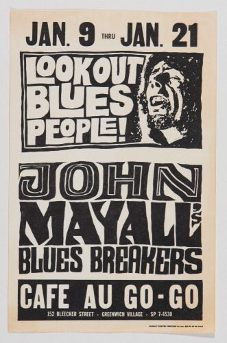 1968 John Mayall & The Bluesbreakers The Cafe Au Go-Go New York Handbill Near Mint 87