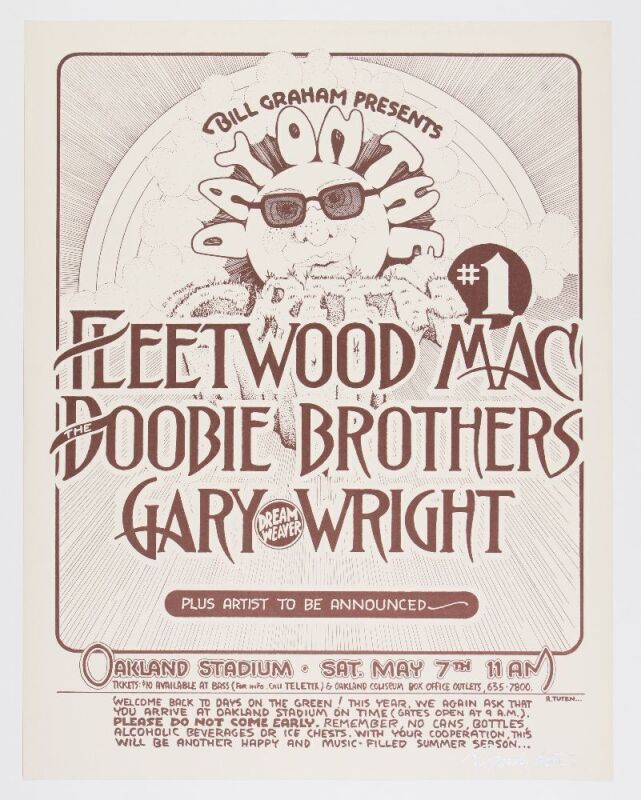 1977 Fleetwood Mac Doobie Brothers Day on the Green Oakland Stadium Signed Tuten Poster Mint 91