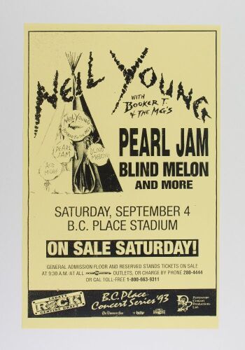 1993 Neil Young Pearl Jam Blind Melon B.C. Place Stadium Vancouver Poster Near Mint 89