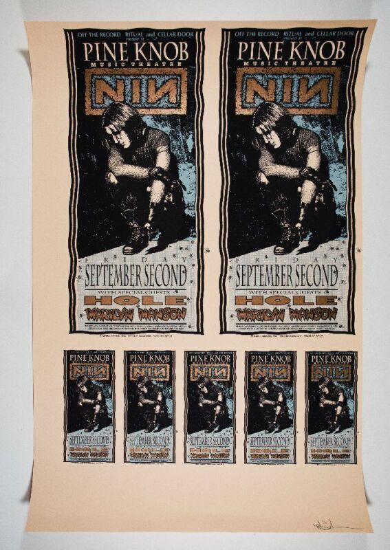 1994 Mark Arminski Nine Inch Nails Hole Pine Knob Music Theatre Rare Peach Variant Uncut Proof Sheet Signed Arminski Poster Excellent 77