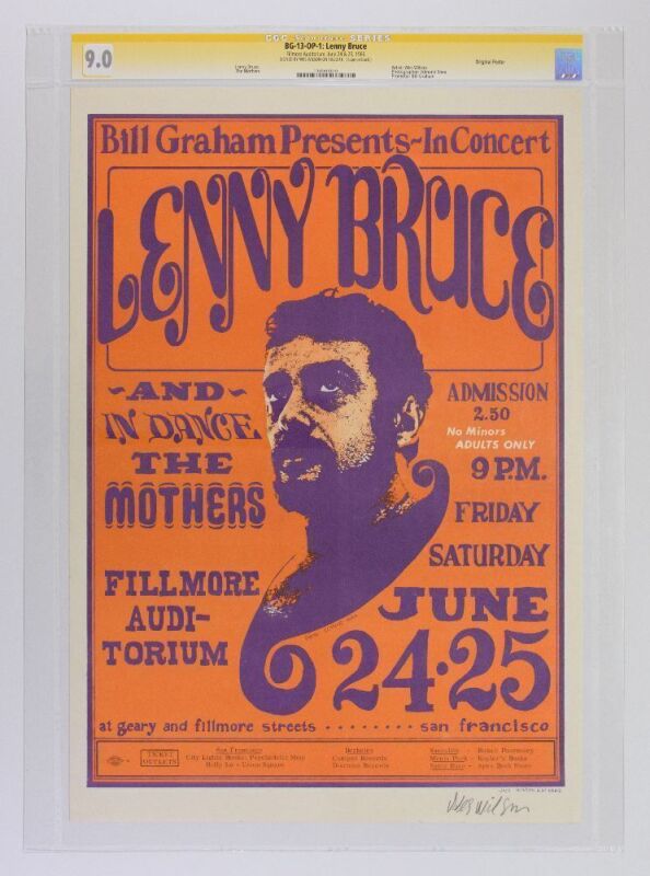 1966 BG-13 Lenny Bruce Frank Zappa The Mothers Fillmore Auditorium Signed Wilson and Graham Signature Series Poster CGC 9.0