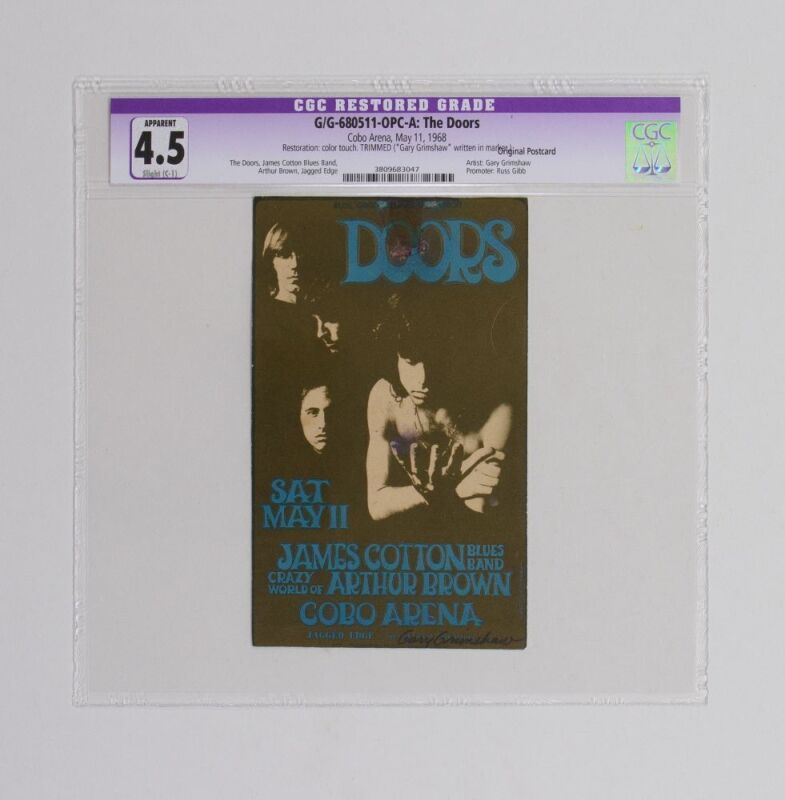 1968 G/G-680511 The Doors Cobo Arena Signed Grimshaw Postcard CGC 4.5 RESTORED