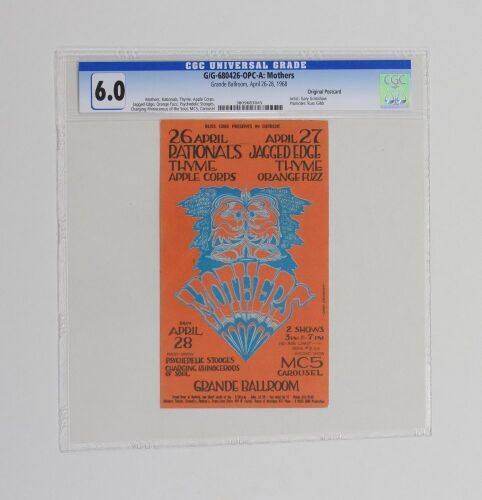 1968 G/G-680426 Frank Zappa Mothers of Invention The Stooges Grande Ballroom Postcard CGC 6.0