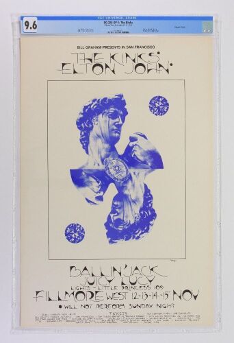 1970 BG-256 The Kinks Elton John Fillmore West Poster CGC 9.6