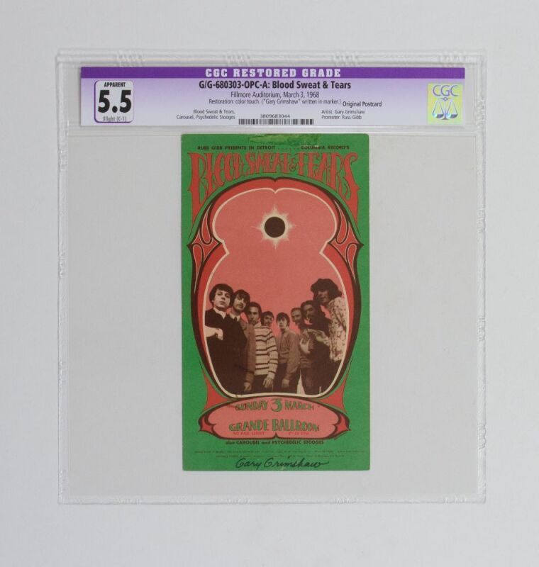 1968 G/G-680303 Blood Sweat and Tears The Stooges Grande Ballroom Signed Grimshaw Postcard CGC 5.5 RESTORED