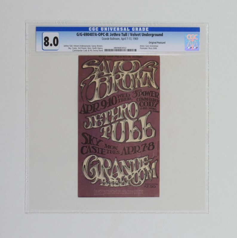 1969 G/G-690407A Jethro Tull Velvet Underground Grande Ballroom Postcard CGC 8.0