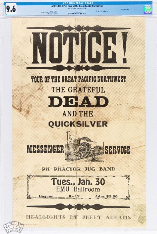 1968 AOR-3.104 Grateful Dead EMU Ballroom Eugene Notice Poster CGC 9.6
