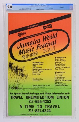 1982 AOR-4.241 Grateful Dead The Clash Peter Tosh Aretha Franklin Jamaica World Music Festival Cardboard Poster CGC 9.0