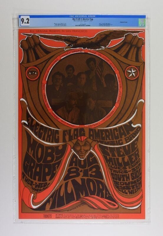 1967 BG-77 Electric Flag Moby Grape Steve Miller Fillmore Auditorium Poster CGC 9.2