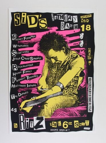 1991 Frank Kozik Sid's Birthday Bash Pocket Fisherman Wannabes The Ritz Austin Singed Kozik Poster Excellent 79