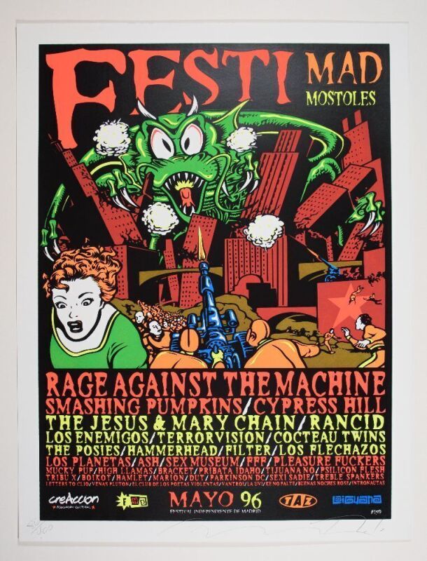 1996 Rage Against The Machine Smashing Pumpkins Cypress Hill Rancid Festimad Madrid Spain LE Signed Taz Poster Near Mint 87