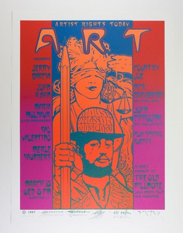 1987 Jerry Garcia Artists Rights Today Benefit Concert The Old Fillmore LE Signed Big 5 Poster Mint 91
