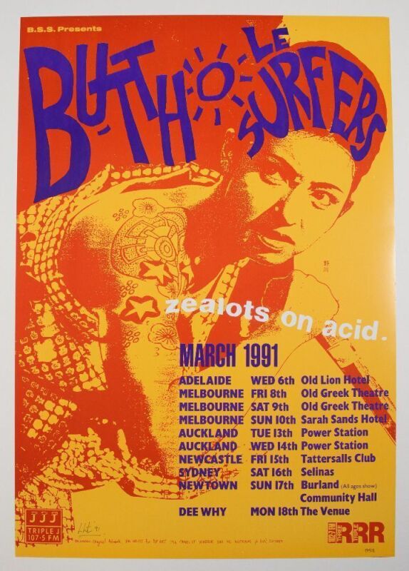 1991 The Butthole Surfers March Australia Tour Signed White Poster Near Mint 87