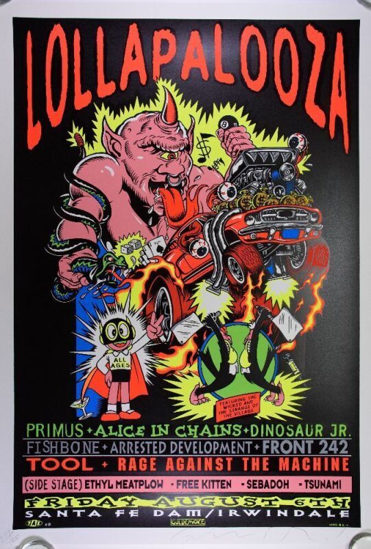 1993 Tool Alice in Chains Rage Against the Machine Primus Lollapalooza LE Signed Taz Poster Near Mint 89