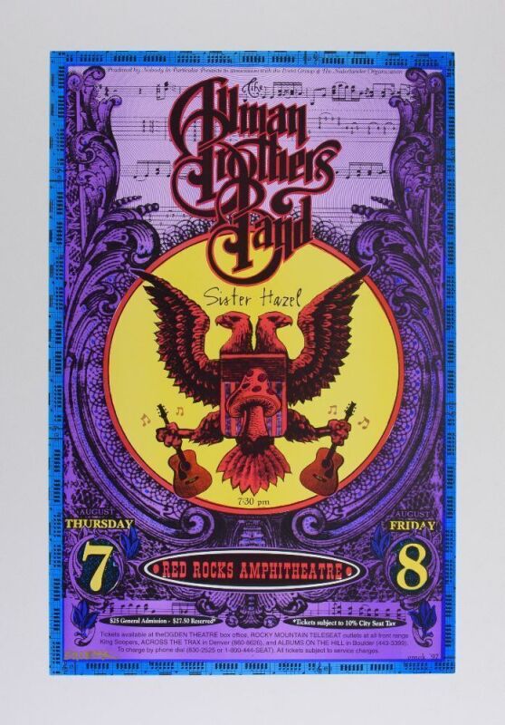 1997 EMEK Allman Brothers Band Red Rocks Amphitheater Signed Emek Poster Near Mint 89