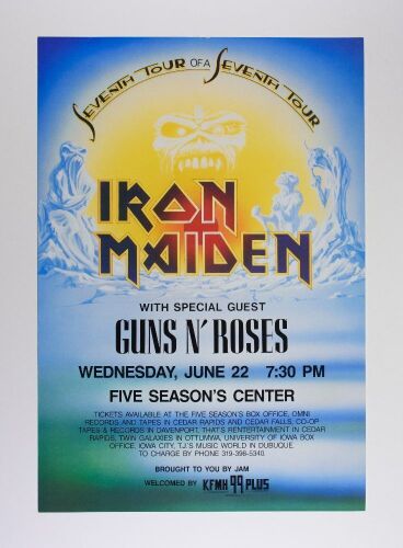 1988 Iron Maiden Guns N Roses Five Seasons Center Cedar Rapids Poster Excellent 79