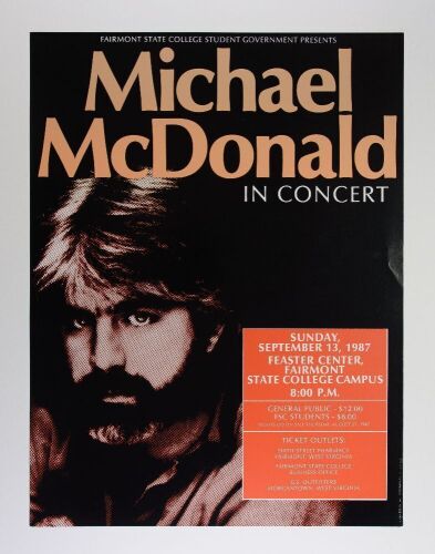 1987 Michael McDonald Feaster Center Fairmont State College Poster Near Mint 83