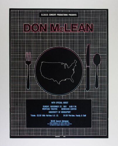 1981 Don McLean Mertens Theatre Bernhard Center University of Bridgeport Poster Near Mint 83