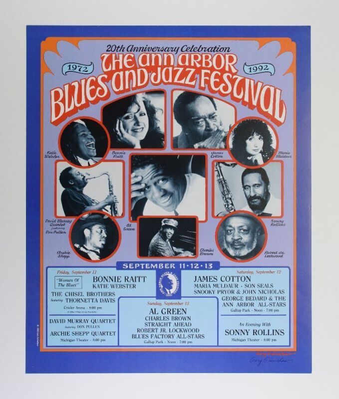 1992 Gary Grimshaw Al Green Bonnie Raitt The Ann Arbor Blues & Jazz Festival Signed Grimshaw Poster Near Mint 87