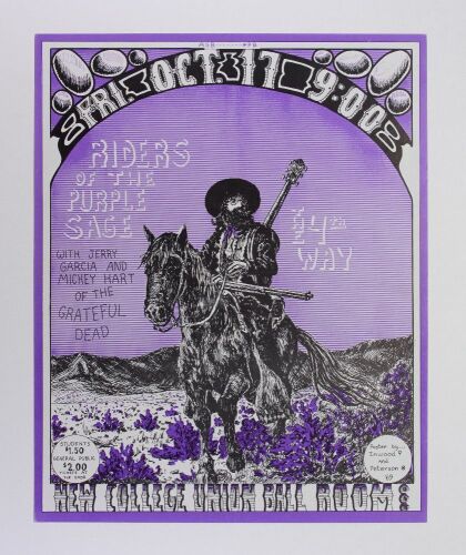 1969 New Riders of the Purple Sage Jerry Garcia Mickey Hart San Jose State College Student Union Ballroom Printer's Proof Poster Near Mint 89