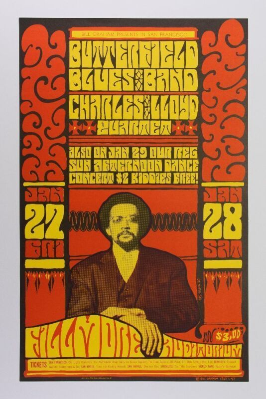 1967 BG-47 Butterfield Blues Band Charles Lloyd Quartet Fillmore Auditorium Poster Near Mint 85