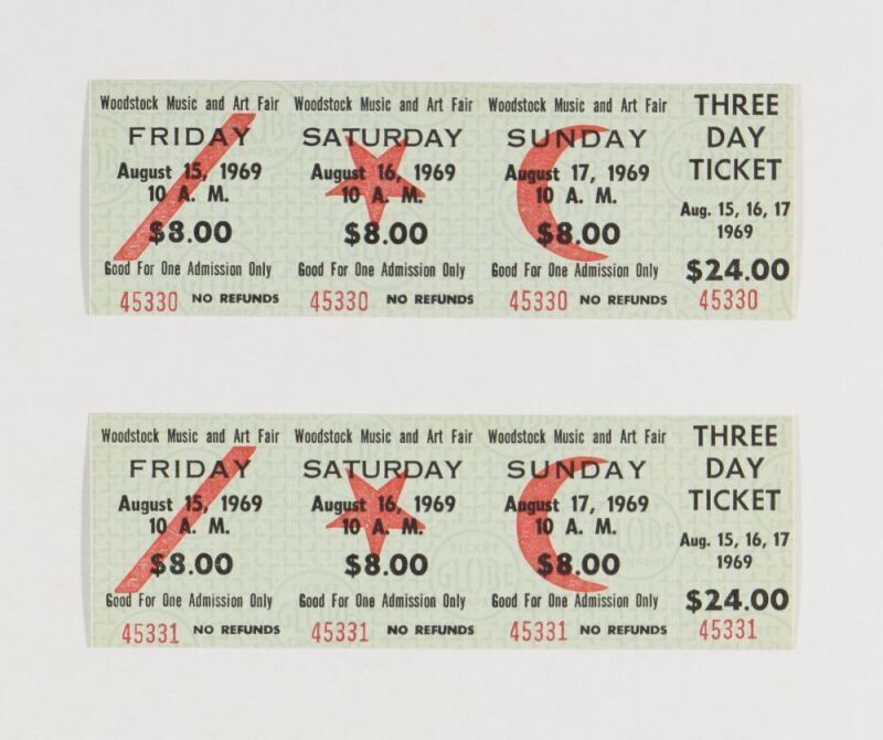 1969 Pair of Woodstock Music & Art Festival Three Day Unused Tickets Mint 93