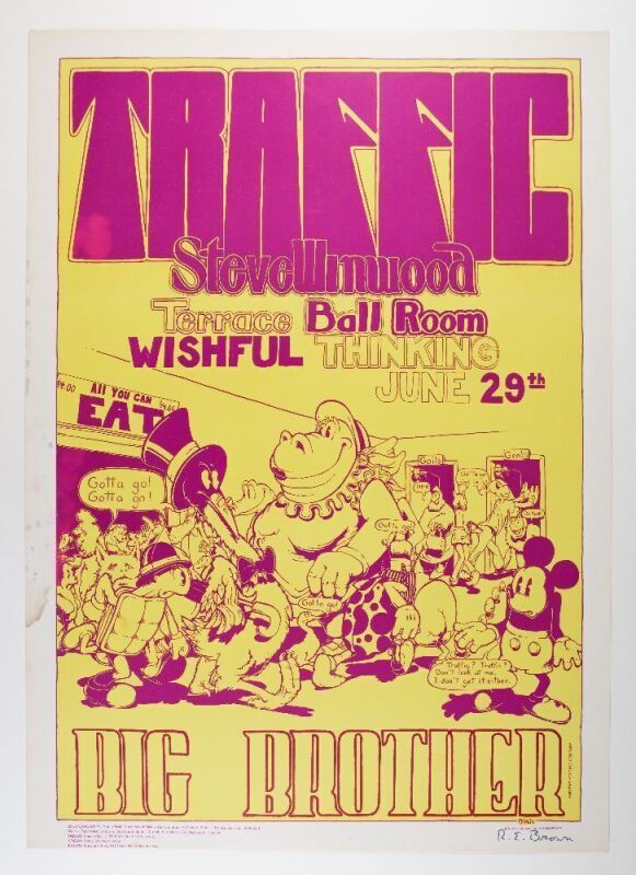 1970 Traffic Big Brother & The Holding Company Terrace Ballroom Salt Lake City Signed Brown Poster Extra Fine 63