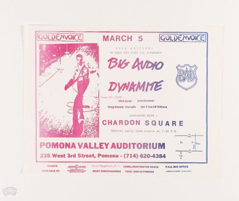 1985 Big Audio Dynamite Mick Jones of The Clash Pomona Valley Auditorium Flyer Near Mint 83