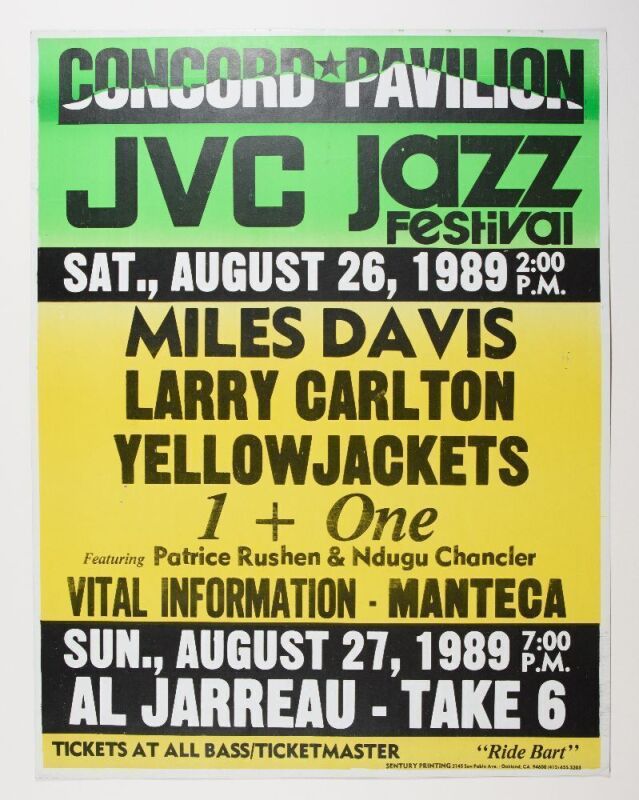 1989 Miles Davis Al Jarreau The JVC Jazz Festival Concord Pavilion Cardboard Poster Excellent 73