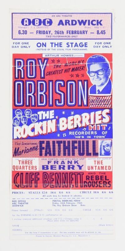 1965 Roy Orbison Rockin Berries Marianne Faithfull The ABC Theatre Ardwick England Ticket Order Form Handbill Extra Fine 67