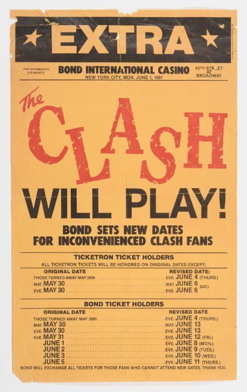1981 The Clash The Bond International Casino New York Poster Fine 57