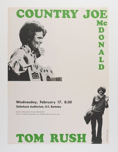 1971 Country Joe McDonald Tom Rush Zellerbach Auditorium UC Berkeley Poster Near Mint 83