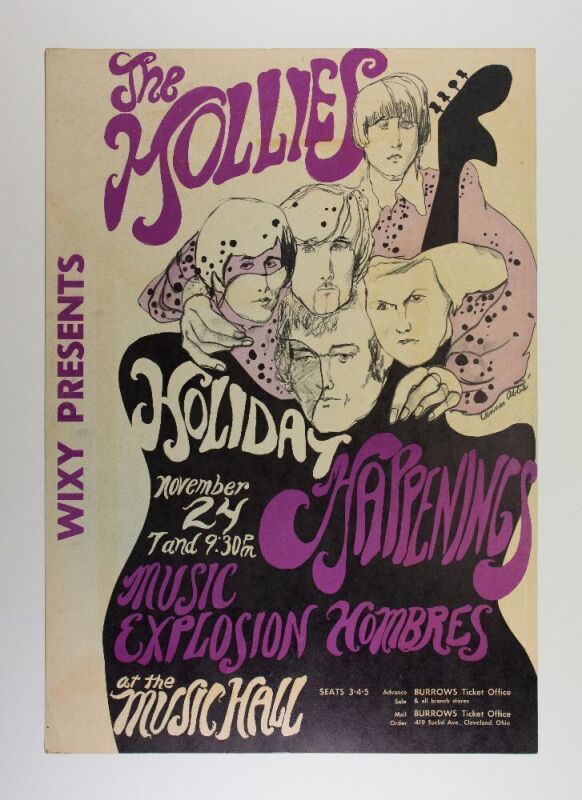 1967 The Hollies The Music Hall Cleveland Cardboard Poster Excellent 73