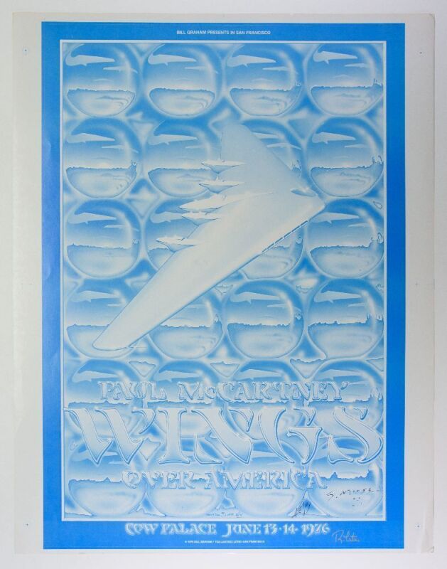 1976 Paul McCartney Wings Cow Palace Progressive Proof Blue Signed 3x Mouse Kelley Tuten Poster Extra Fine 67