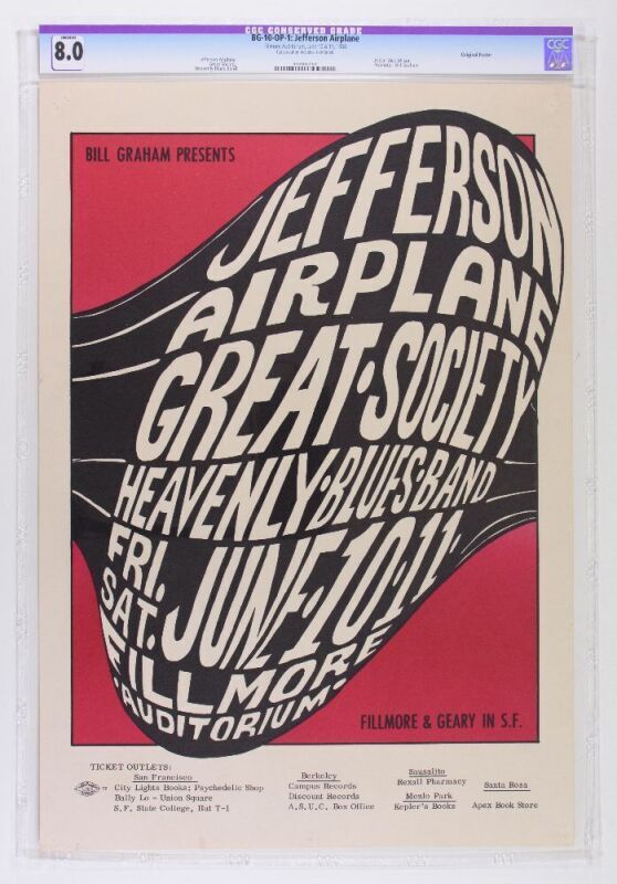 1966 BG-10 Jefferson Airplane Great Society Fillmore Auditorium Poster CGC 8.0 CONSERVED