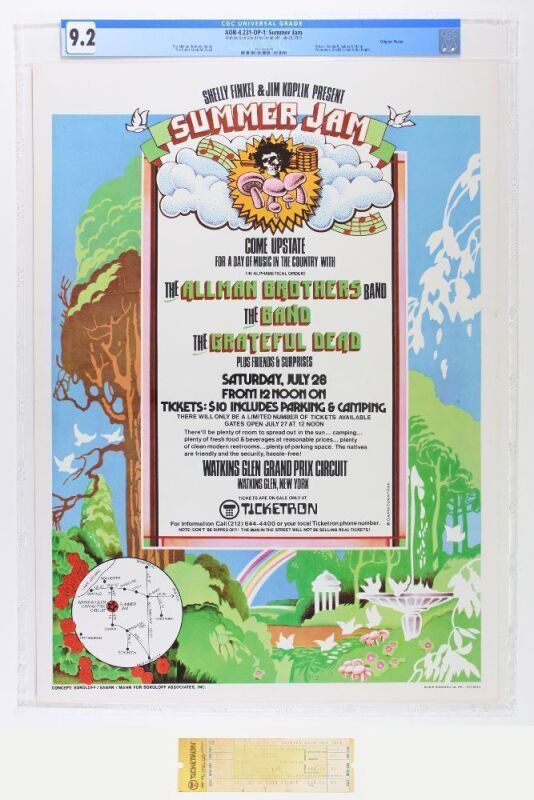 1973 AOR-4.231 Grateful Dead Allman Brothers The Band Summer Jam Watkins Glen Poster with Ticket CGC 9.2