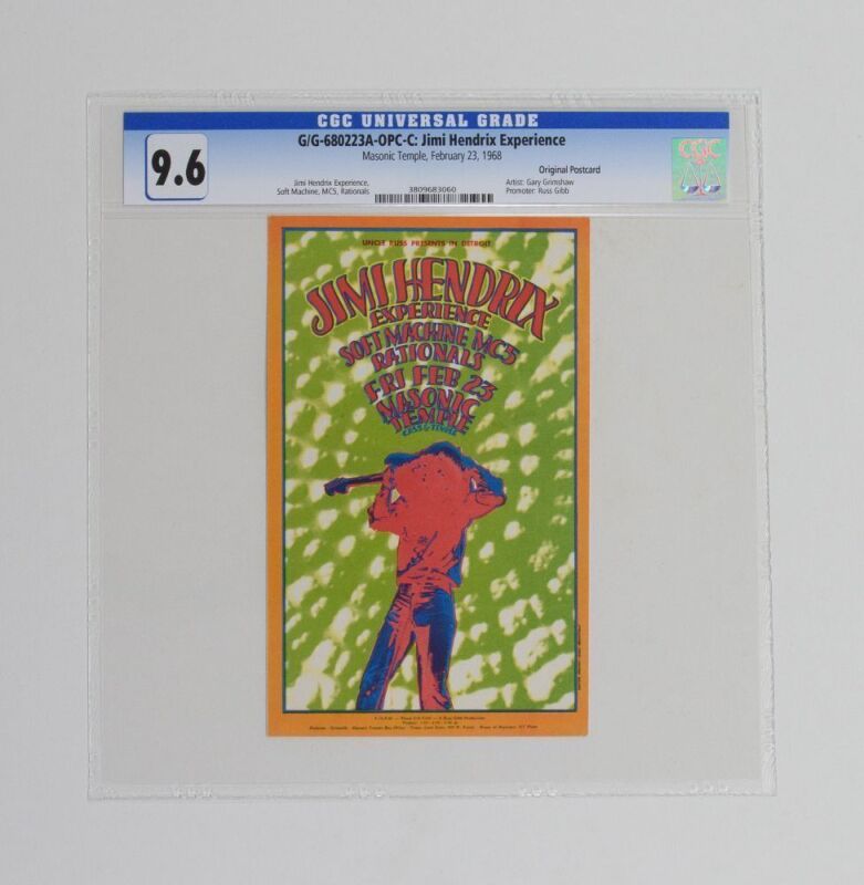1968 G/G-680223A Jimi Hendrix Masonic Temple Detroit Postcard CGC 9.6